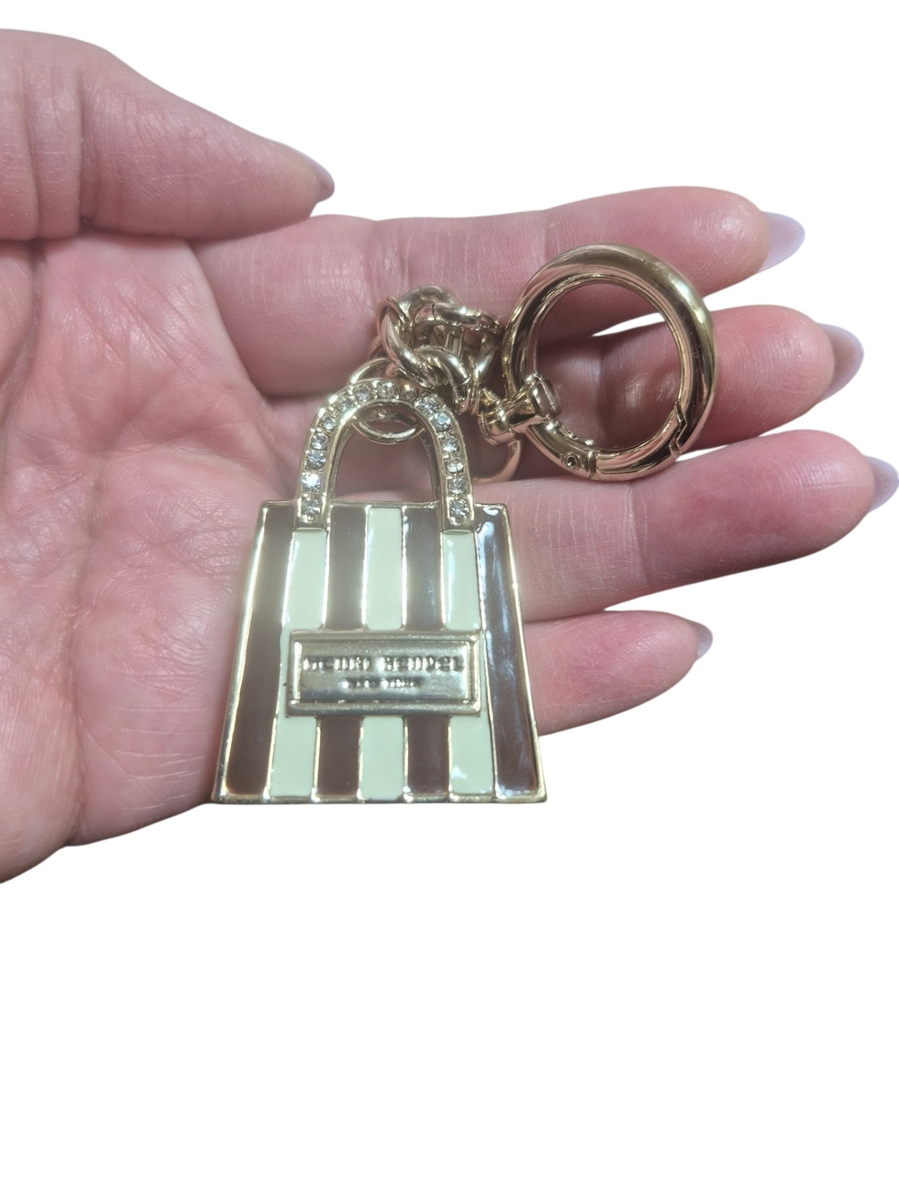 RARE Henri Bendel Brown & White Striped Swarvoski Crystal Shopping Bag Keychain - Picture 6 of 9